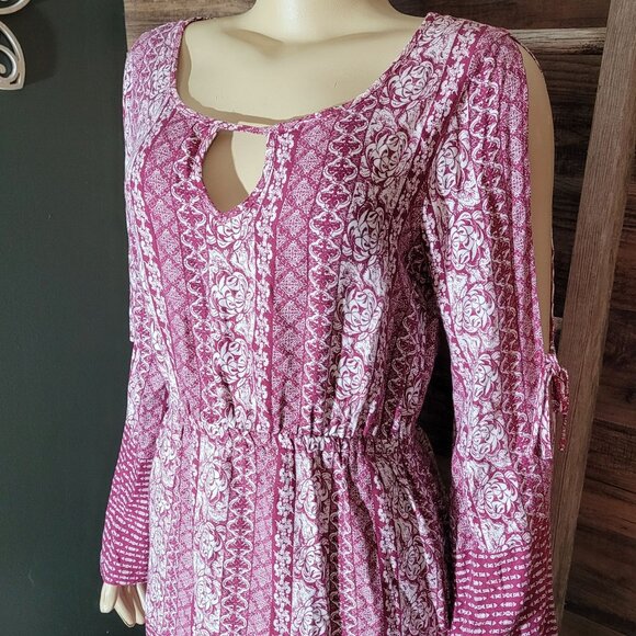 Pink Rose Floral Boho Shift Dress Size M Tie Sleeves Stretch Waist Country Girl - Picture 5 of 13